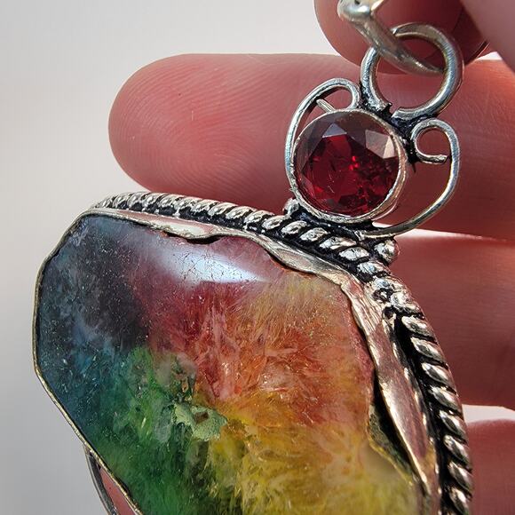 Handmade Sterling Silver Pendant with Rainbow Fluorite Garnet and Smoky Quartz - Picture 7 of 10